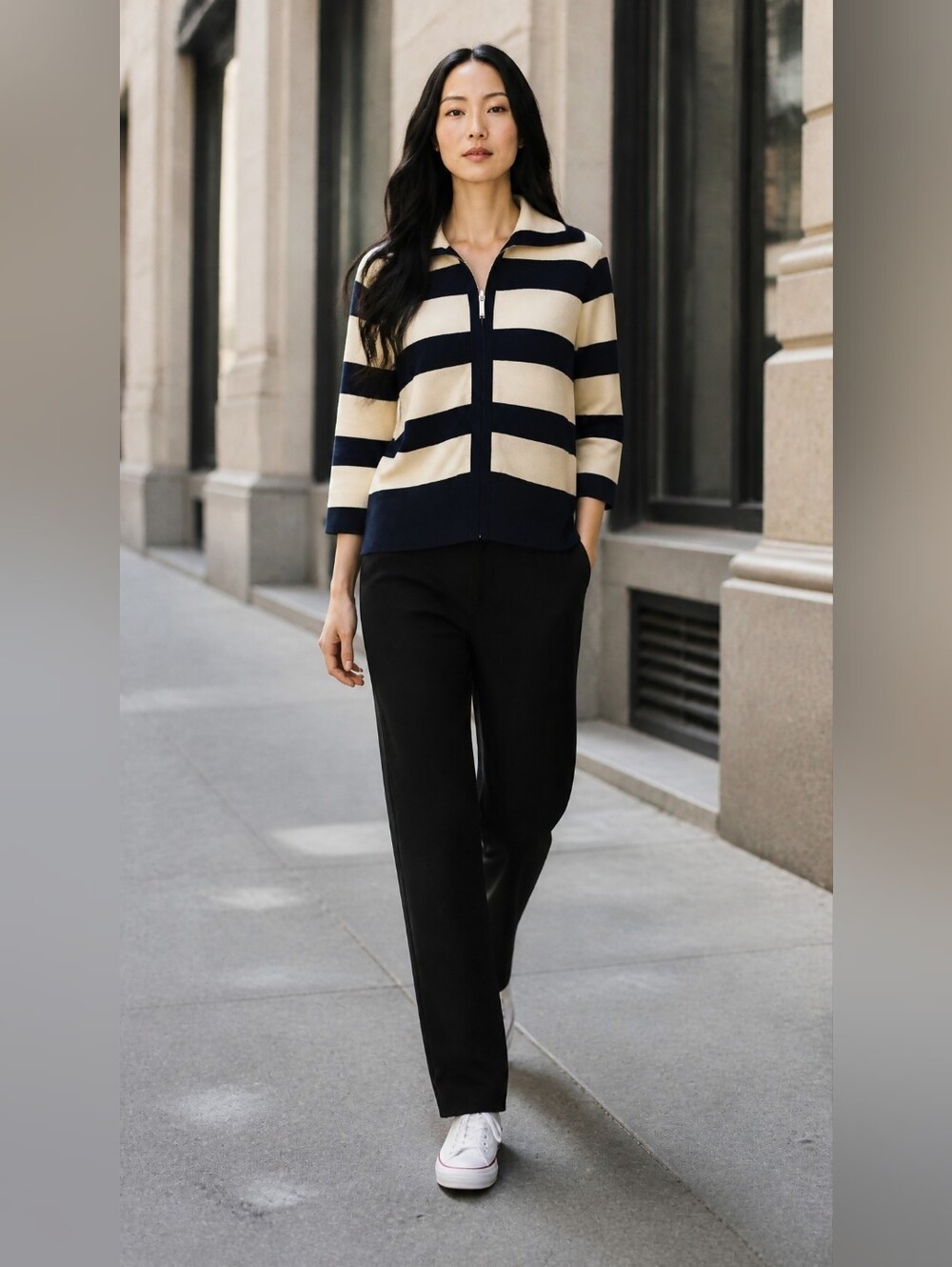 Chaps Navy & Cream Striped Zip-Front Top Knit Cardigan Misses Size Medium